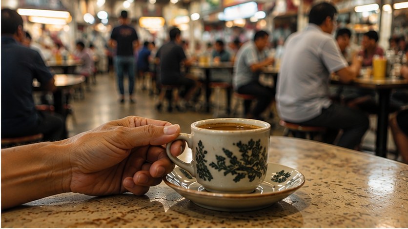 A hand holding a cup of kopi at a Singapore hawker centre