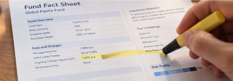 Close-up of a hand pointing a pen at a highlighted line on a printed fund fact sheet