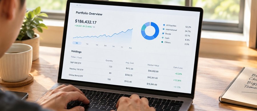 Close-up over-the-shoulder view of hands checking an investment portfolio on a laptop at a home desk