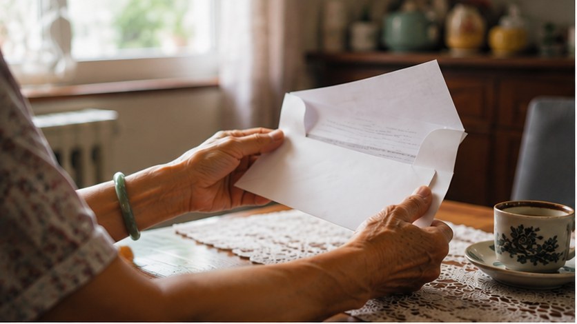 An older person's hands opening an official CPF Board letter at a kitchen table