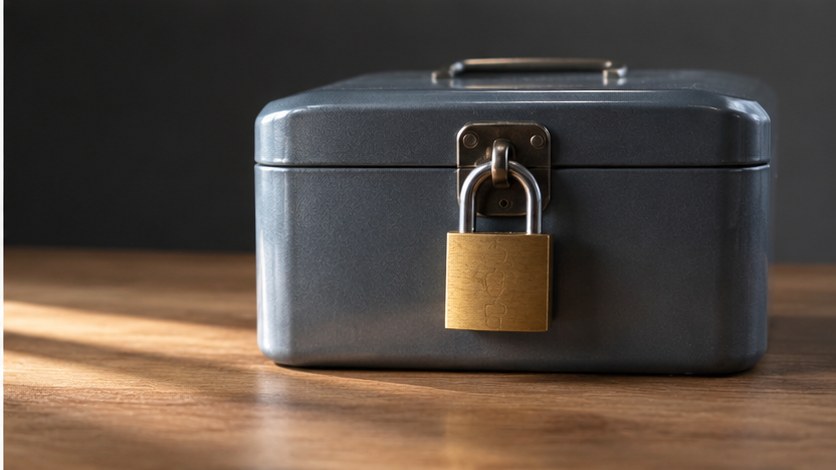 A brass padlock securing a small metal cash box