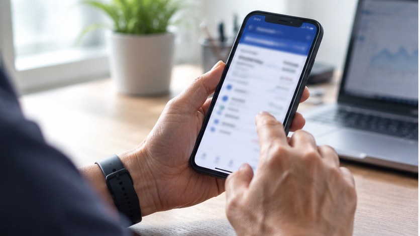 Close-up of hands checking a banking app on a smartphone at a desk